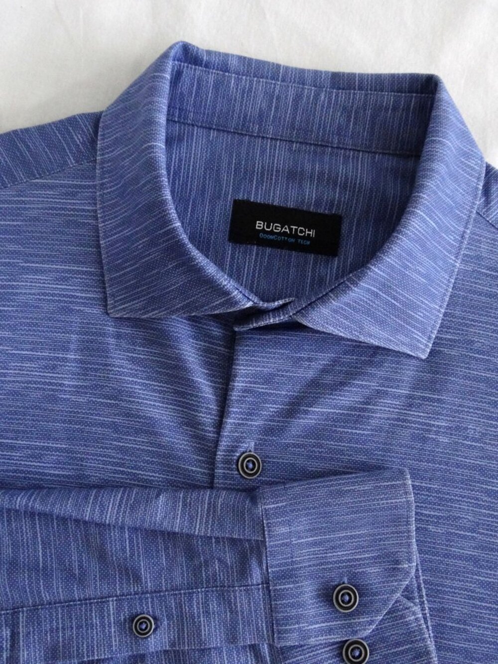 BUGATCHI Men's M OoohCotton Tech Long Sleeve Shirt Cobalt Blue Melange Stretch